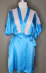 Vintage Lily of France Sleepwear Blue Satin and Lace Robe Small